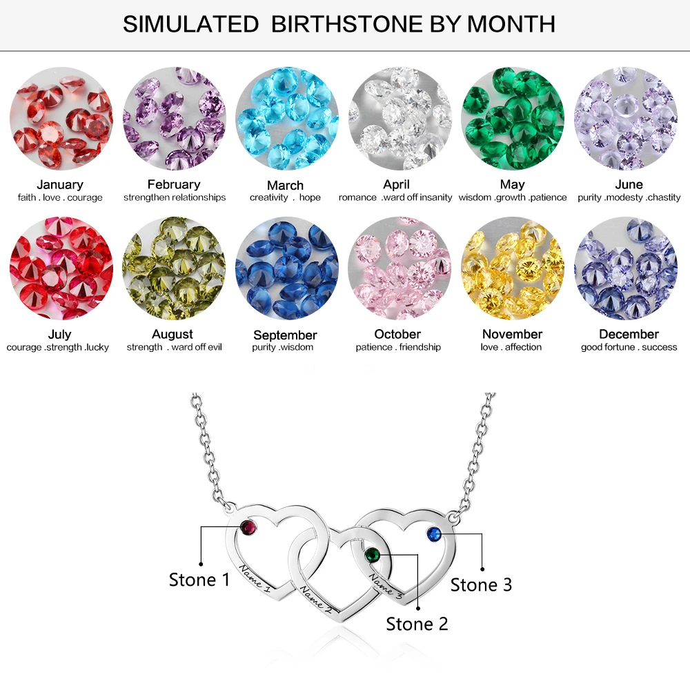 Personalized Intertwined Hearts Necklace with 3 Birthstones 925 Sterling Silver Custom Name Engraved Pendant (JewelOra NE102402) - Image 3