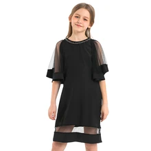 Летнее Детское платье черные шифоновые платья для девочек-подростков, свободное платье трапециевидной формы, стильное платье принцессы, INS реальное фото, 6, 10, 12, 14 лет