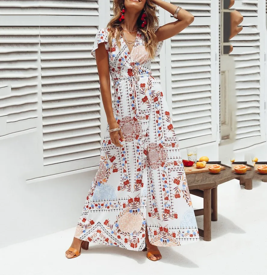 2019 Мода V образным вырезом Boho Maxi Dress Для женщин с коротким рукавом пляжный Повседневное платья леди летнее Цветочный принт элегантное платье