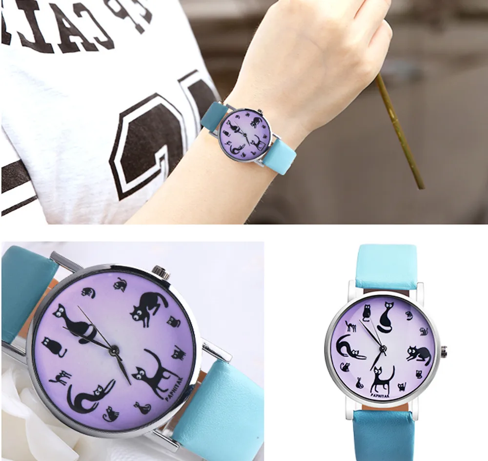 

2019 Women's watches casual watches Leather Cute Cat Pattern Leather Watch women Girls Ladies quartz wrist watches montre femme