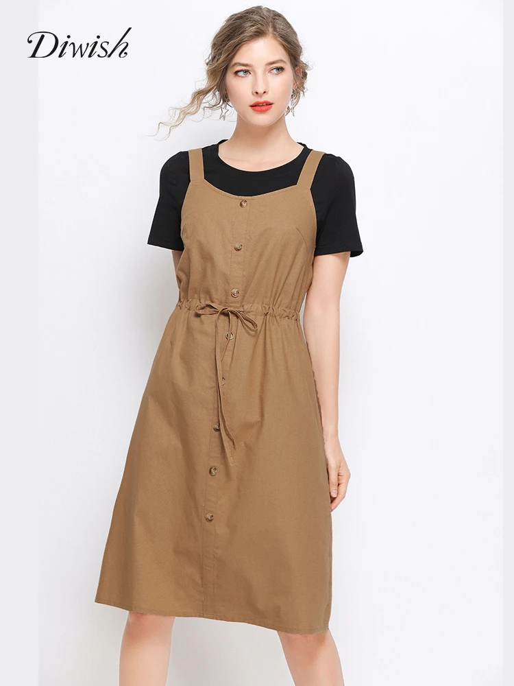 

Diwish Women Two Piece Dress Set 2019 Summer O Neck Sash Design Knee-Length All Match Plus Size Vintage Top and Dress Set