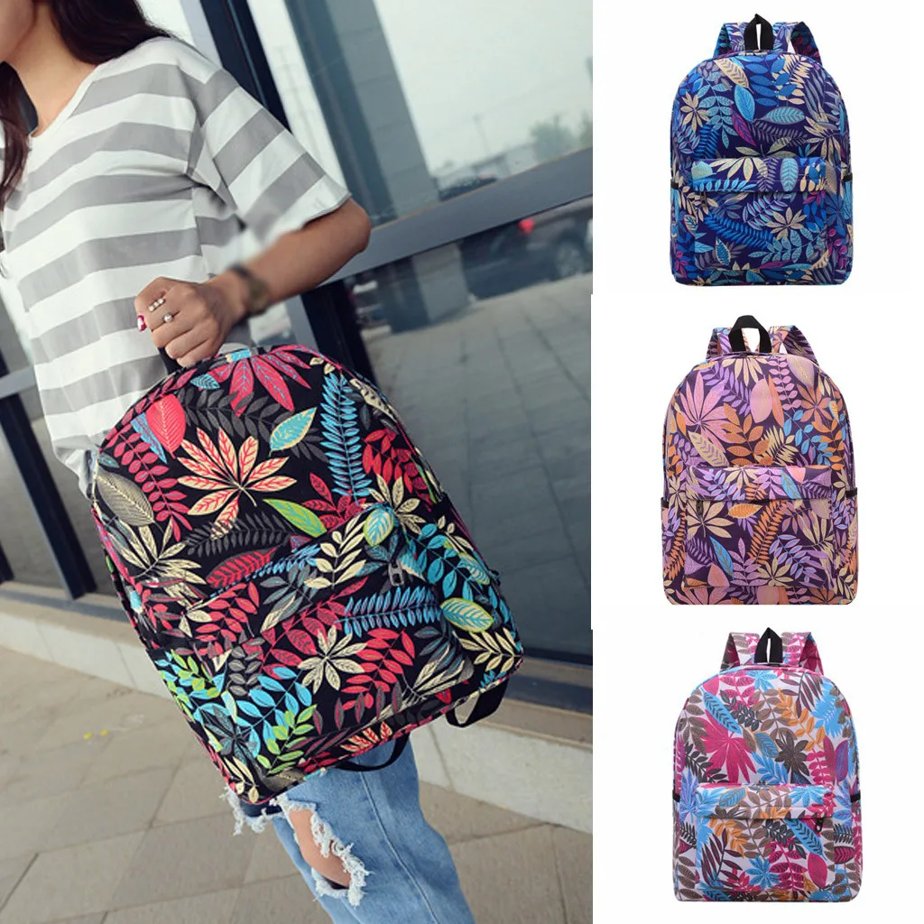 

Coneed Fashion Ladies 2019 New Canvas Zipper College Printing Leaves Large Capacity Backpack Student Bag July 2 P35