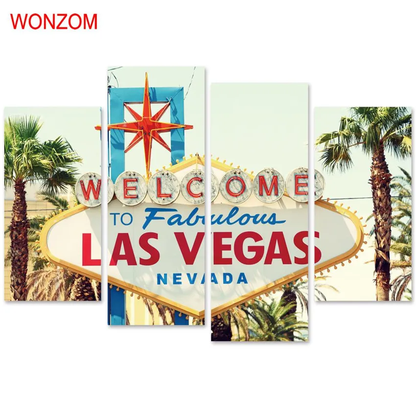 

WONZOM 4Pcs Welcome To Las Vegas Canvas Printings Modern Painting On Canvas Cuadros Abstractos Wall Pictures For Home Decor 2017