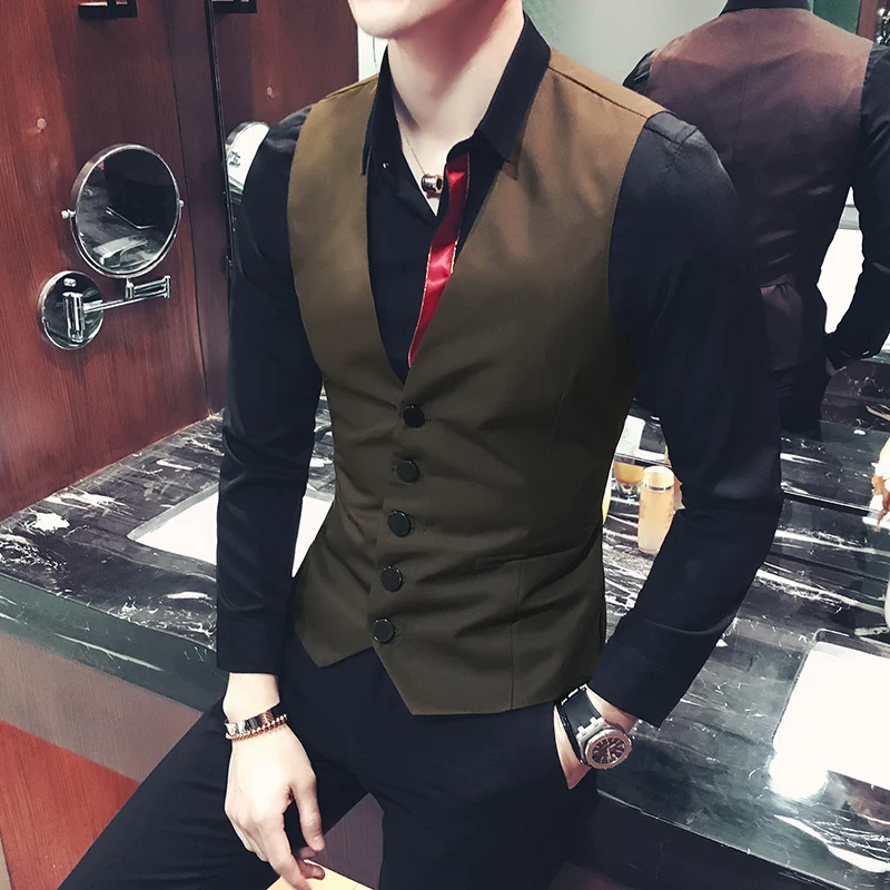 

2019 Fashion Men's Classic Formal Business Slim Vest Suit Tuxedo Waistcoat Solid color Single-breasted large size vest 4XL 5XL