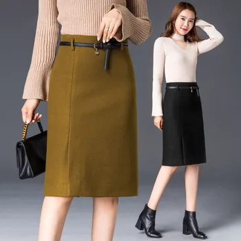 

Autumn Winter Woolen Skirt 2020 Fashion New Large Size Solid Color Woolen Skirt Medium Long High Waist Slim Winter Skirt DT0367