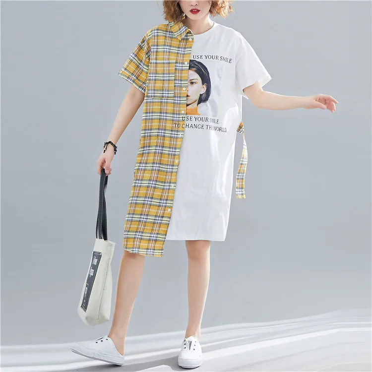 

Plus Size Women Shirt Dress Cotton Vintage Big Size Lady Vestidos Summer Loose Casual Plaid Patchwork Asymmetry Female Dress