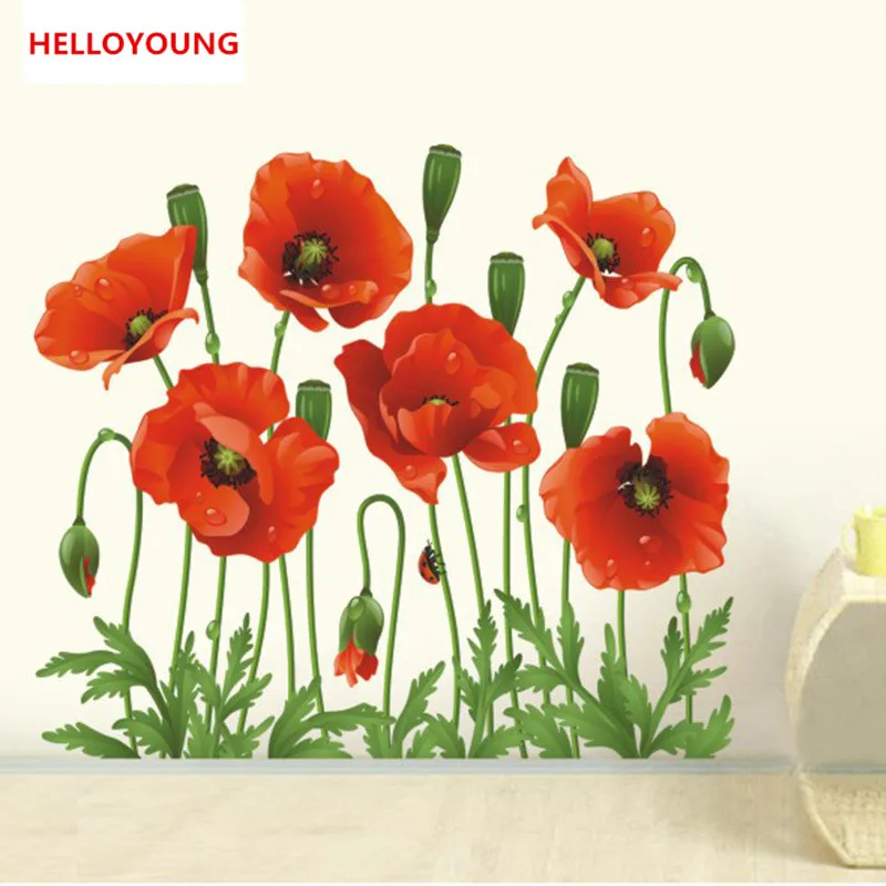 

QT-0061 New Red Poppy Removable Art Waterproof Bedroom Wall Stickers Home Decor Art Flower Vinyl Mural Wall Decals Removable