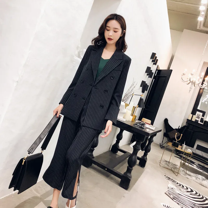 

New women's OL fashion elegant black stripe Slim double-breasted Suits professional suit female suit two-piece Long Pant Suits