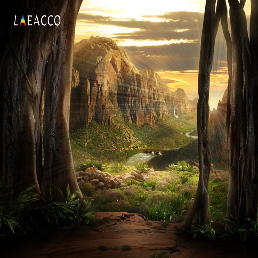 

Laeacco Fairytale Mountain Tree Cave Grass Shinning Photographic Backgrounds Customized Photography Backdrops For Photo Studio
