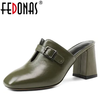 

FEDONAS 1Fashion Women Mules Pumps Genuine Leather Brand Design High Heels Shoes Woman Summer Slippers Quality Shallow Pumps