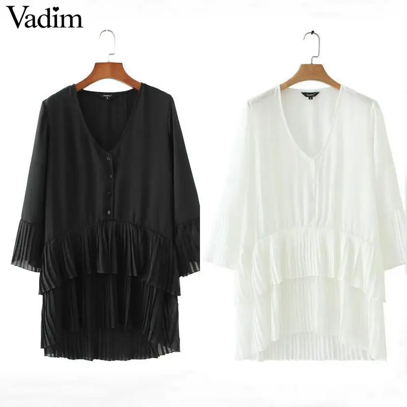 

Vadim elegant V neck pleated long chiffon blouse long style long sleeve sweet shirts ladies casual chic tops blusas LA178