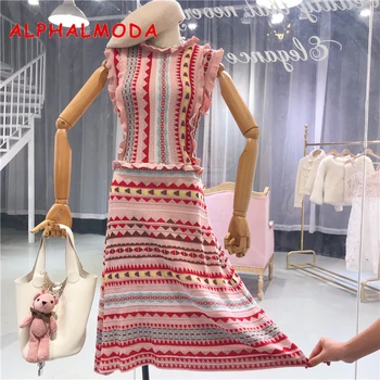 

ALPHALMODA Women Shiner Striped Bright Summer Knit Vestidos Ruffled Sleeve Pullovers Female Casual Pattern Knit Dress