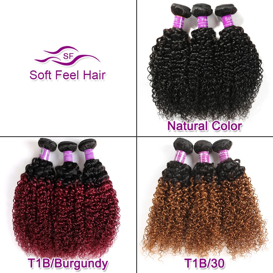 Soft Feel Hair 1/3/4Pcs Ombre Brazilian Kinky Curly Hair Bundles Weave Human Hair Extensions 1B/30 Brown Remy Ombre Hair Bundles