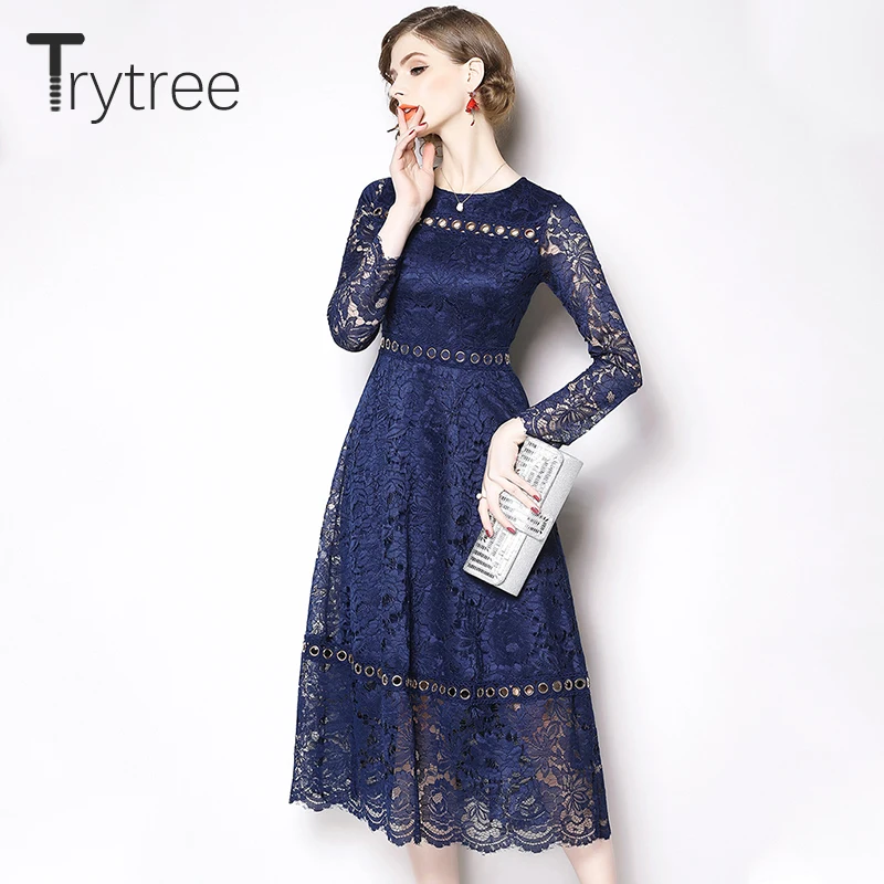 

Trytree 2019 Spring Dress Elegant Lace women Mid-Calf Solid Black Navy dresses A-Line O-Neck Sequined Office Lady Casual Dress