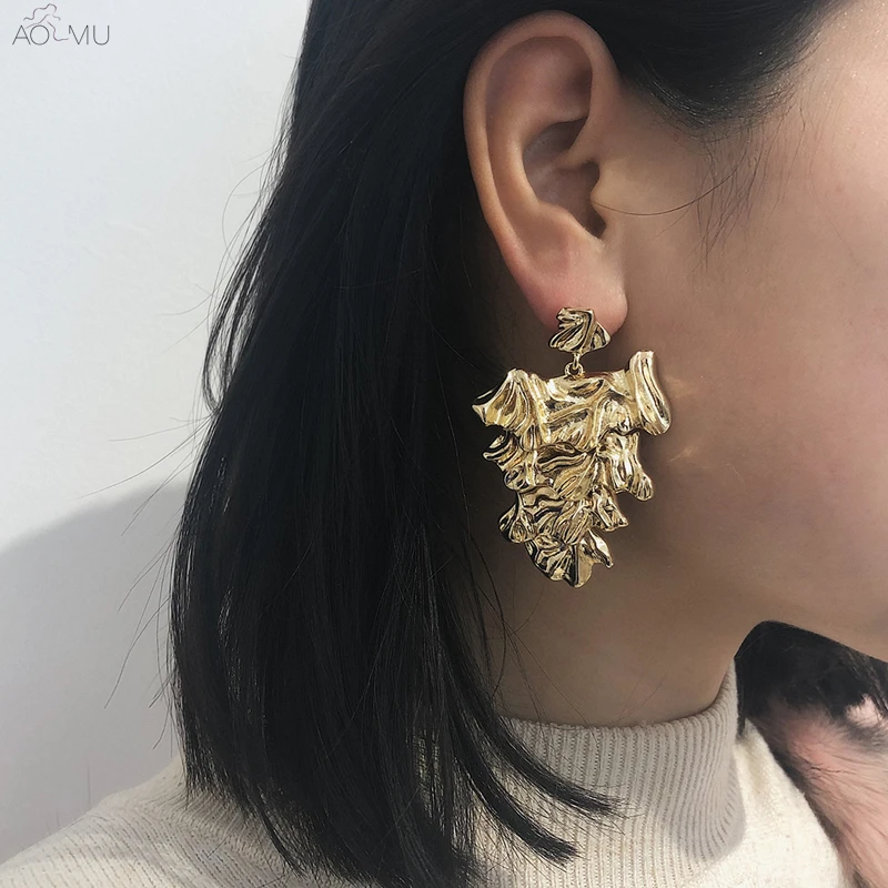 

AOMU 2019 Irregular Metal Bump Abstract leaf Big Drop Earrings for Women Girl Fashion Dangle Personality Exaggerate Business