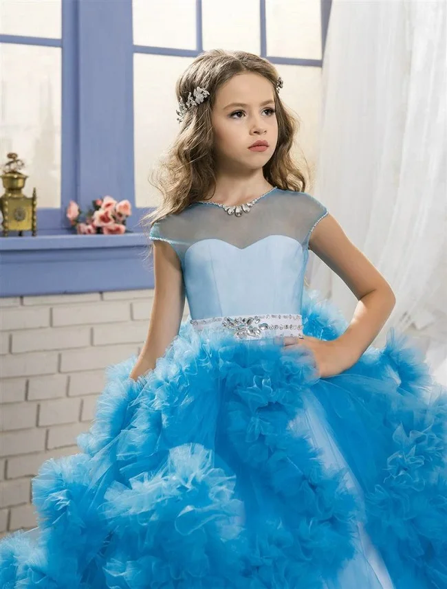 Вечерние платья для девочек г. Летнее кружевное свадебное платье принцессы без рукавов для девочек белые платья для выпускного бала для детей от 3 до 14 лет - Цвет: blue