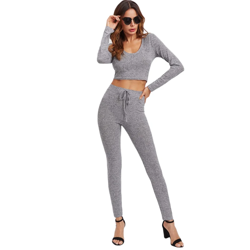 Серый в рубчик с длинными рукавами Marled Hoodie пикантные Crop Tee и леггинсы комплект
