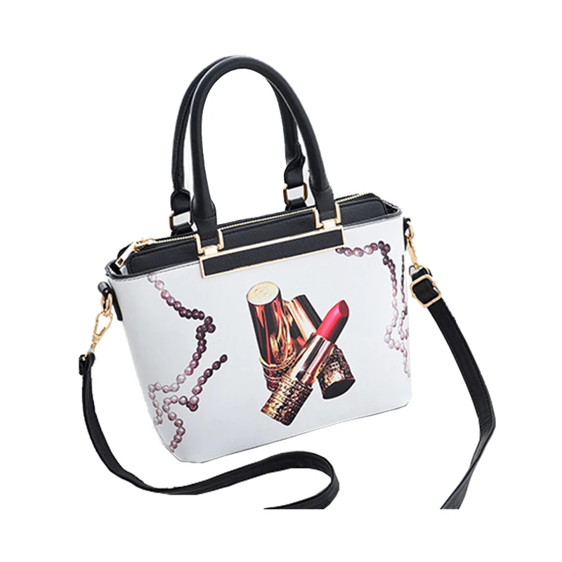 

Fashion Women Print Tote Handbag Adjusted Strap Lipstick Flower Perfume Patten White Shoulder Bag Top-handle Design Big Capacity