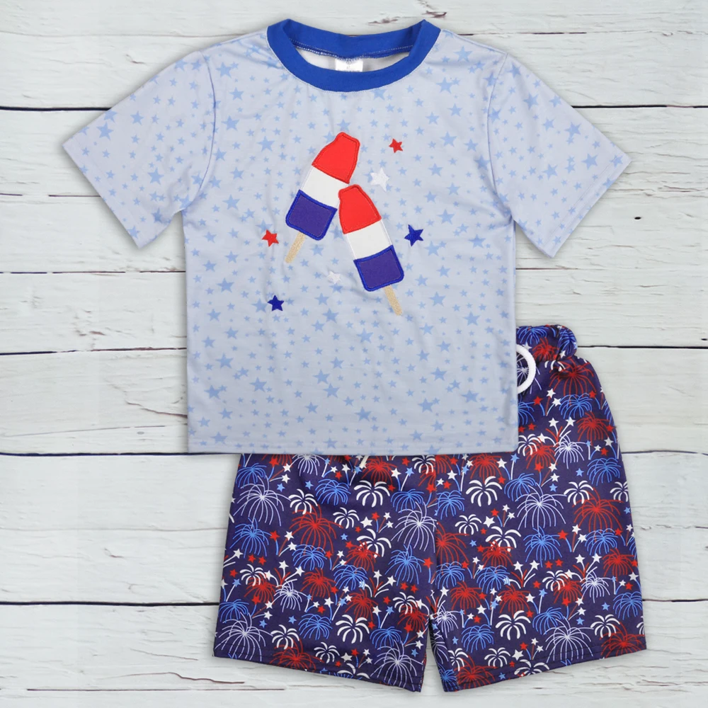 

New Arrival Clothing Summer Set Boy Ice cream Pattern Ruffle Short Set Wholesale Boutique Children Outfit 4th of July2BK903-182
