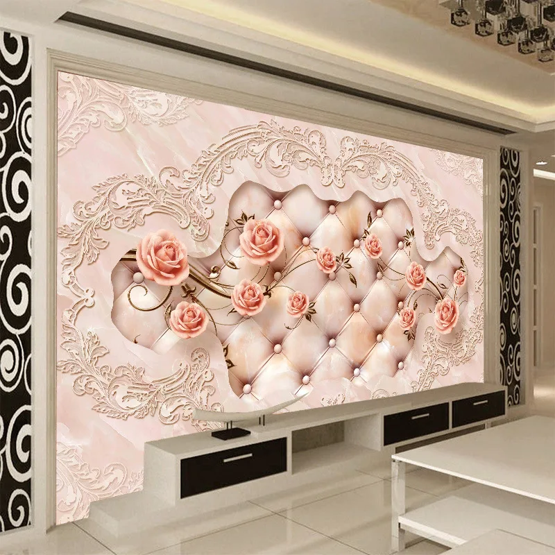 

European luxurious silk large mural wallpaper rose pink flower elegant 5d space embossed with leather design wallpaper home deco