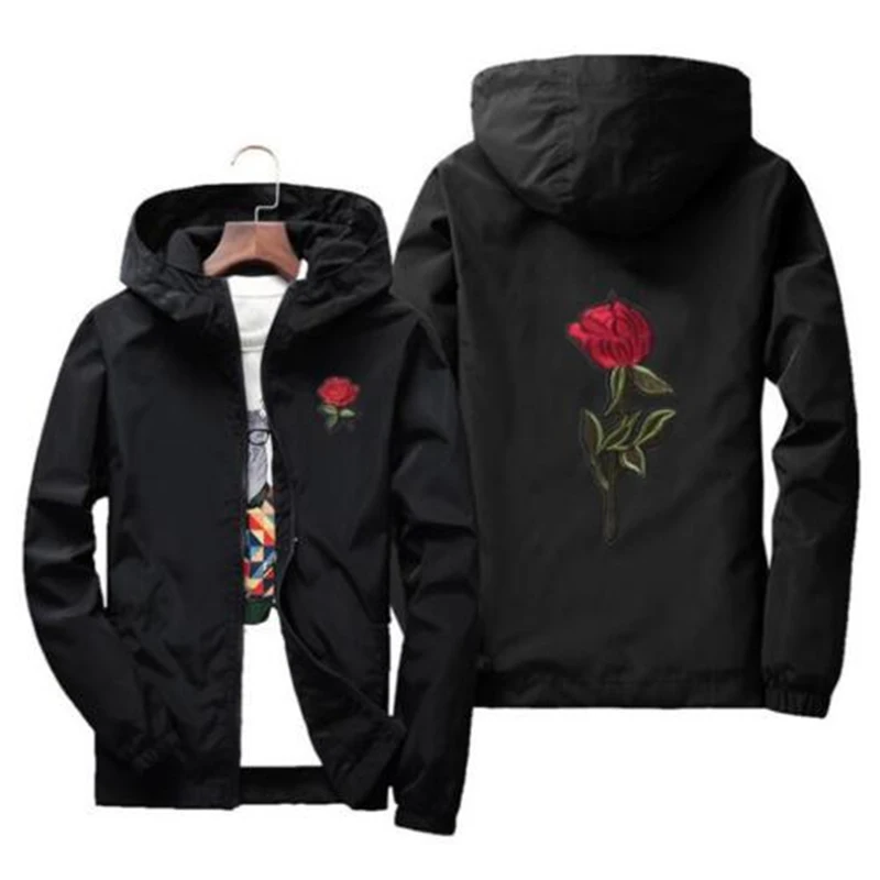 Mens Hoodies Couple Rose Embroidery Casual Jacket Hooded Coat Zipper Up Overcoat Autumn Winter Windbreaker Tracksuit
