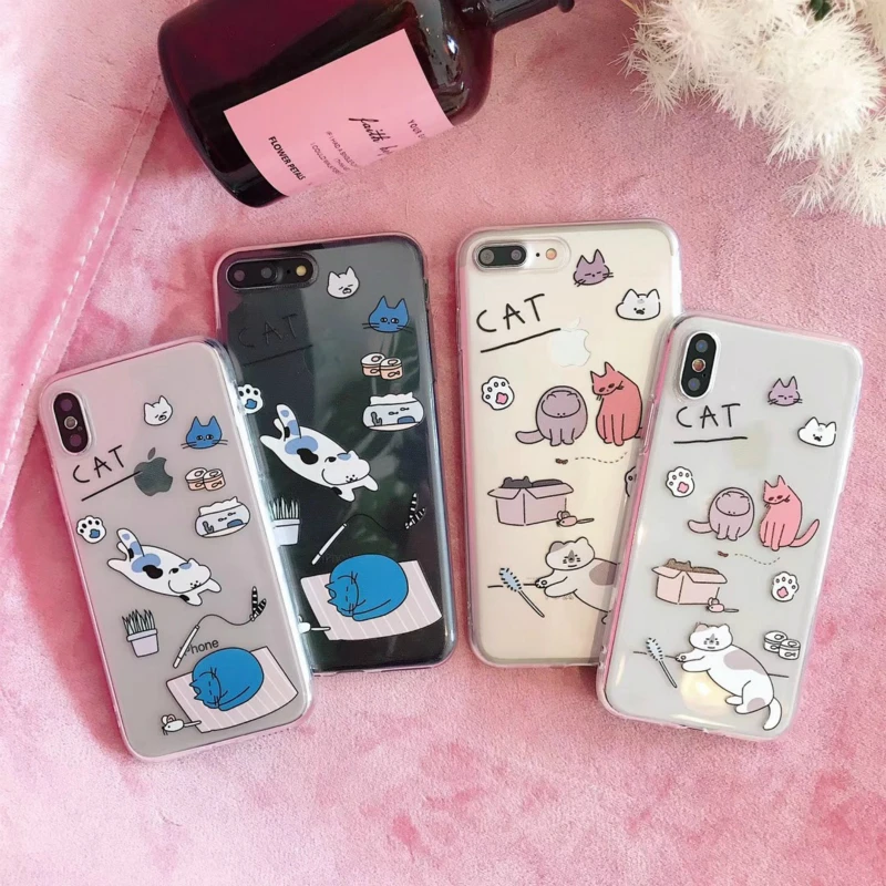 

Cute Cartoon Relief Cat Phone Case For iPhone 6 6S 7 8 Plus X kawaii animal Cases Cover Transparent Soft TPU For coque iPhone 7
