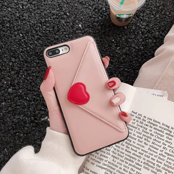 Модный кожаный чехол для iPhone X XS, чехол для MAX XR, для iPhone 8, 7, 6, 6s Plus, розовое сердце, держатель для карт, чехол для телефона - Цвет: Розовый