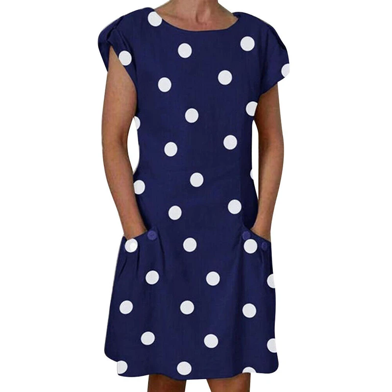 Hot Womens Popular Polka Dot Dress Short Sleeve Pocket Midi Dress Multicolor Casual Ladies Work Office Party Dress Crew Neck