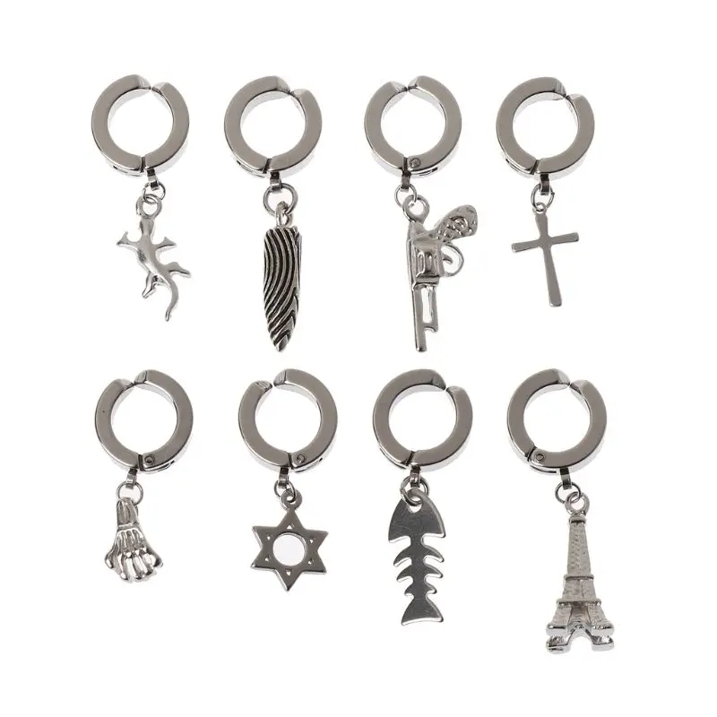 

8Pcs Punk Ear Clip Non-piercing Clip on Earring Cross Titanium Steel Jewelry
