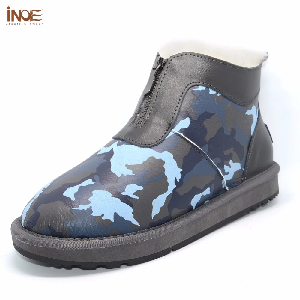 

INOE sheepskin leather camouflage natural fur lined for men short winter snow boots with zipper ankle winter shoes waterproof