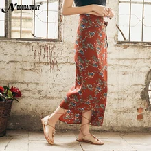 Длинные шифоновые юбки с цветочным принтом женские летние повседневные винтажные Ретро Сплит обтягивающая юбка макси Асимметричный пояс тонкая юбка Новинка