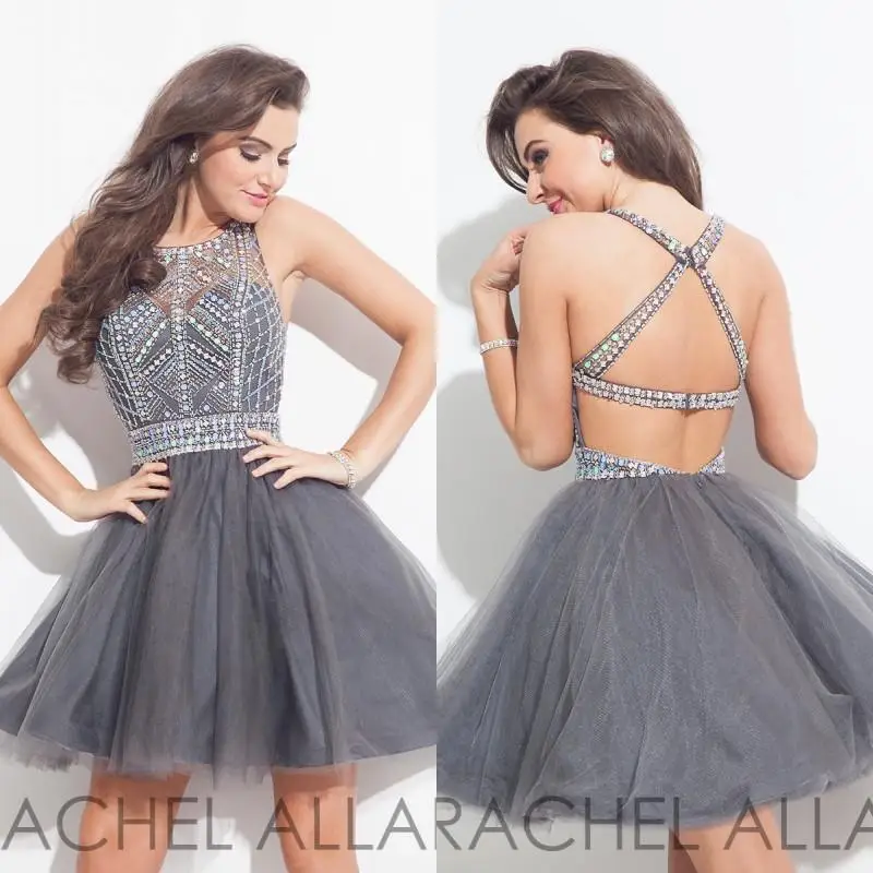 2017 Sexy Short Gray Homecoming font b Dresses b font Backless Crystal Beads Tulle Mini Short