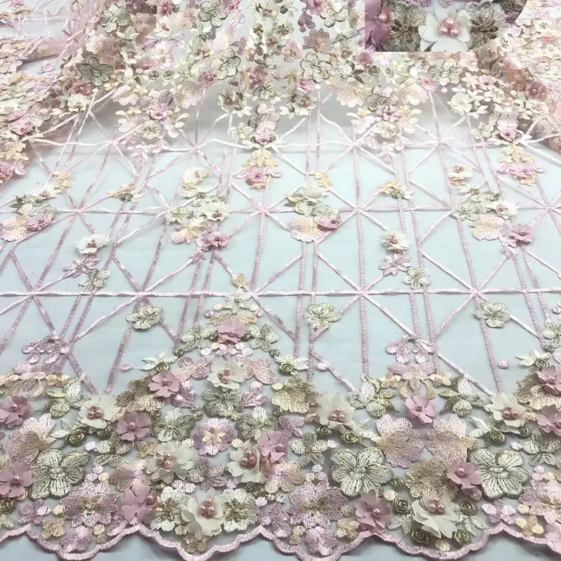 

3D African Flower Embroidered Tulle Lace, Pearls African Lace Fabric 2019 High Quality Lace Pink DG180