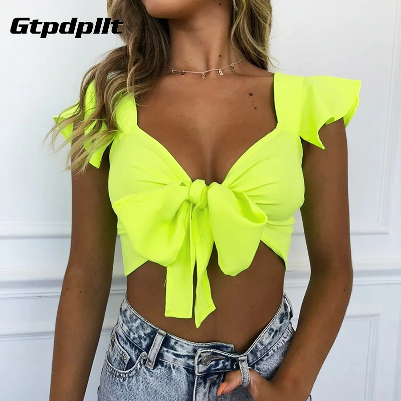 

Gtpdpllt Summer tshirt Streetwear Crop Top Short Sleeve t-shirt Women chemise femme Lace Up Bow Tops Beach tee shirt femme