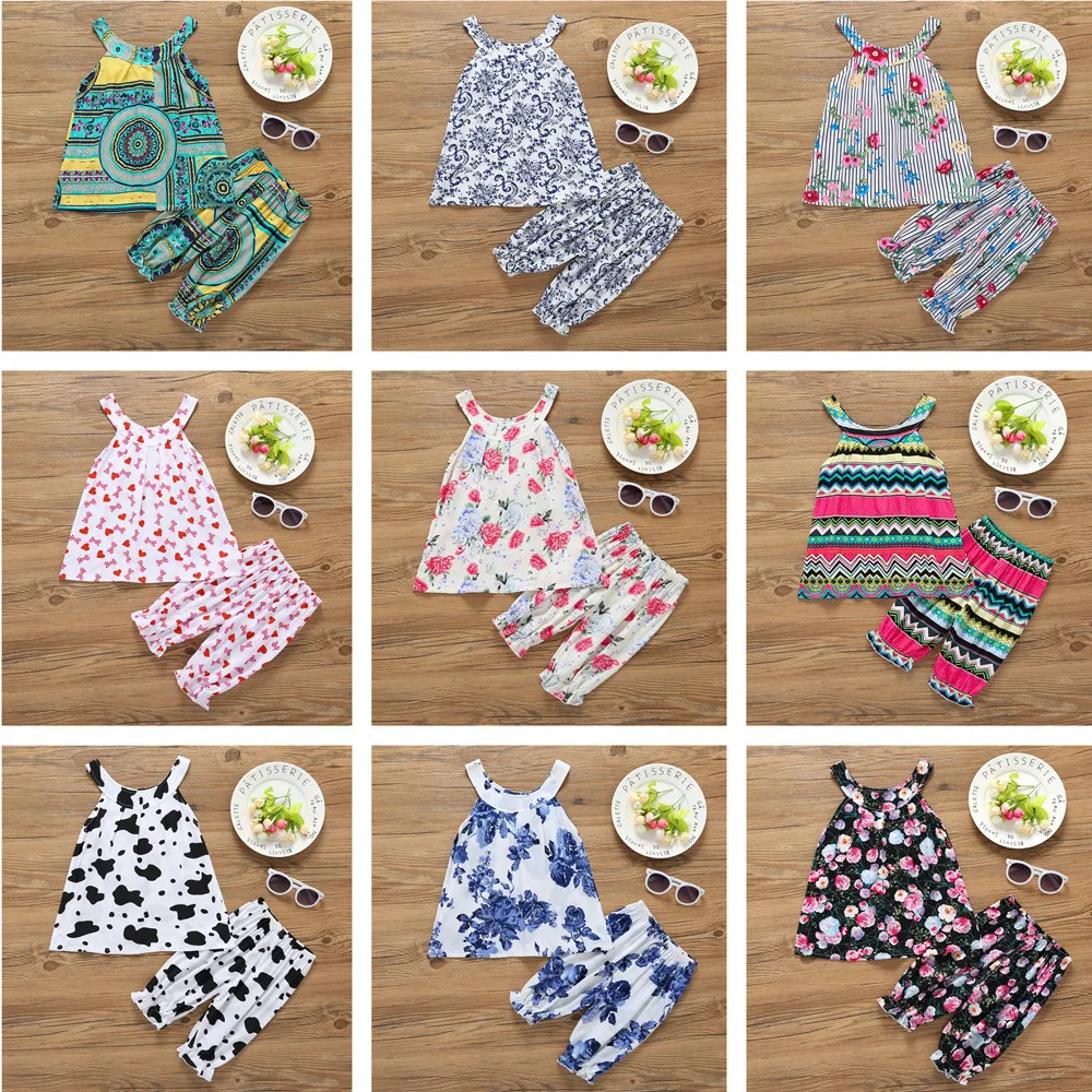 

2-7Y Girls Clothes Set Summer Kids Costume Children Cotton Sleeveless Print Flower Dresses Clothing Sets Girl Casual Shorts Suit