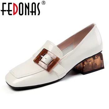 

FEDONAS Quality Genuine Leather Square Toe Women Pumps Spring Summer New Arrival Casual Shoes Woman Shallow Buckle High Heels