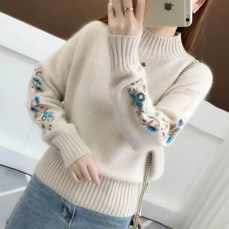Najtaniej Surmiitro Cashmere kobiety golfem 2019 jesień zima dzianiny haft Jumper kobiety swetry i swetry kobiet Pull Femme