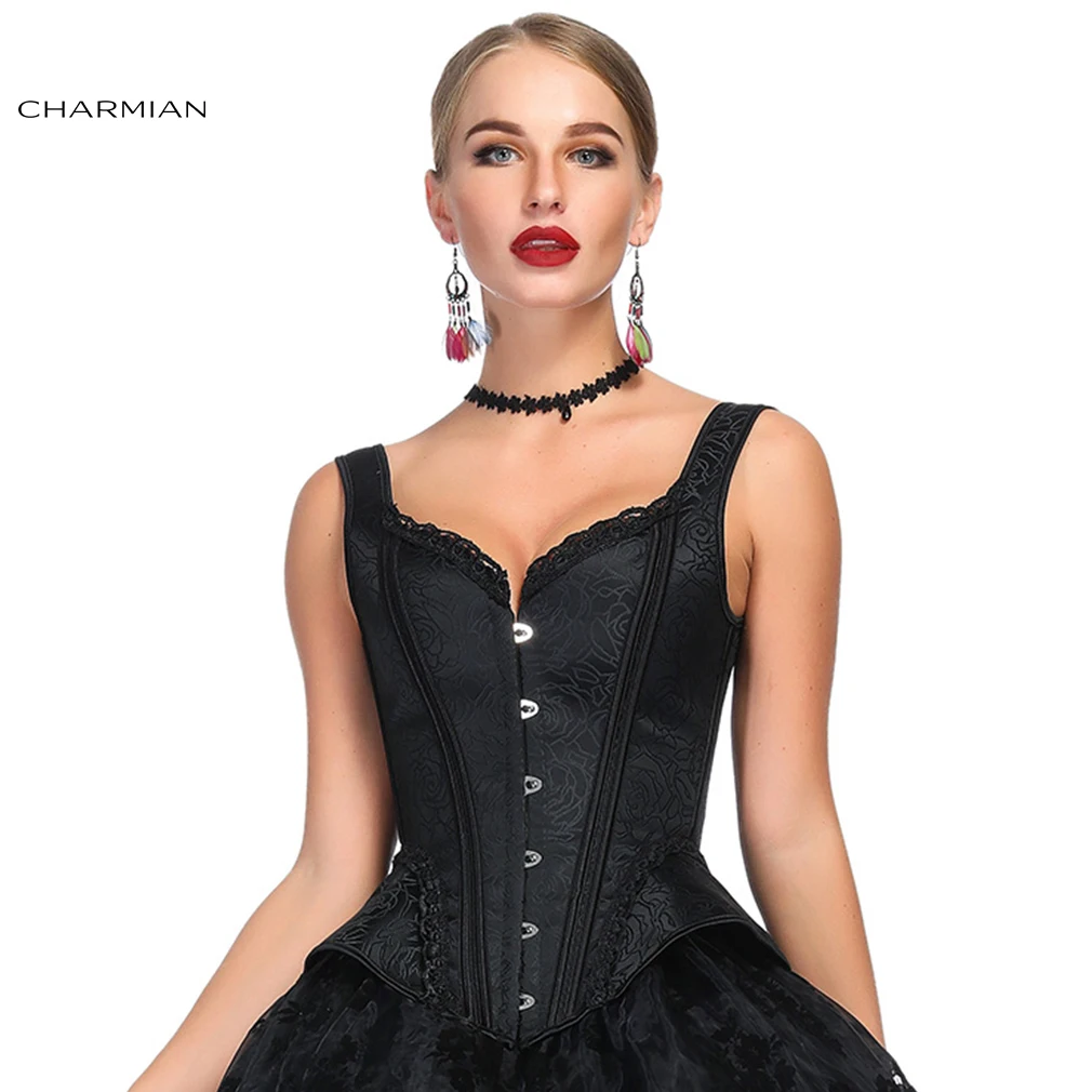 

Charmian Women's Vintage Black Wide Shoulder Straps Plastic Bone Shapewear Jacquard Sexy Embroidery Overbust Corset