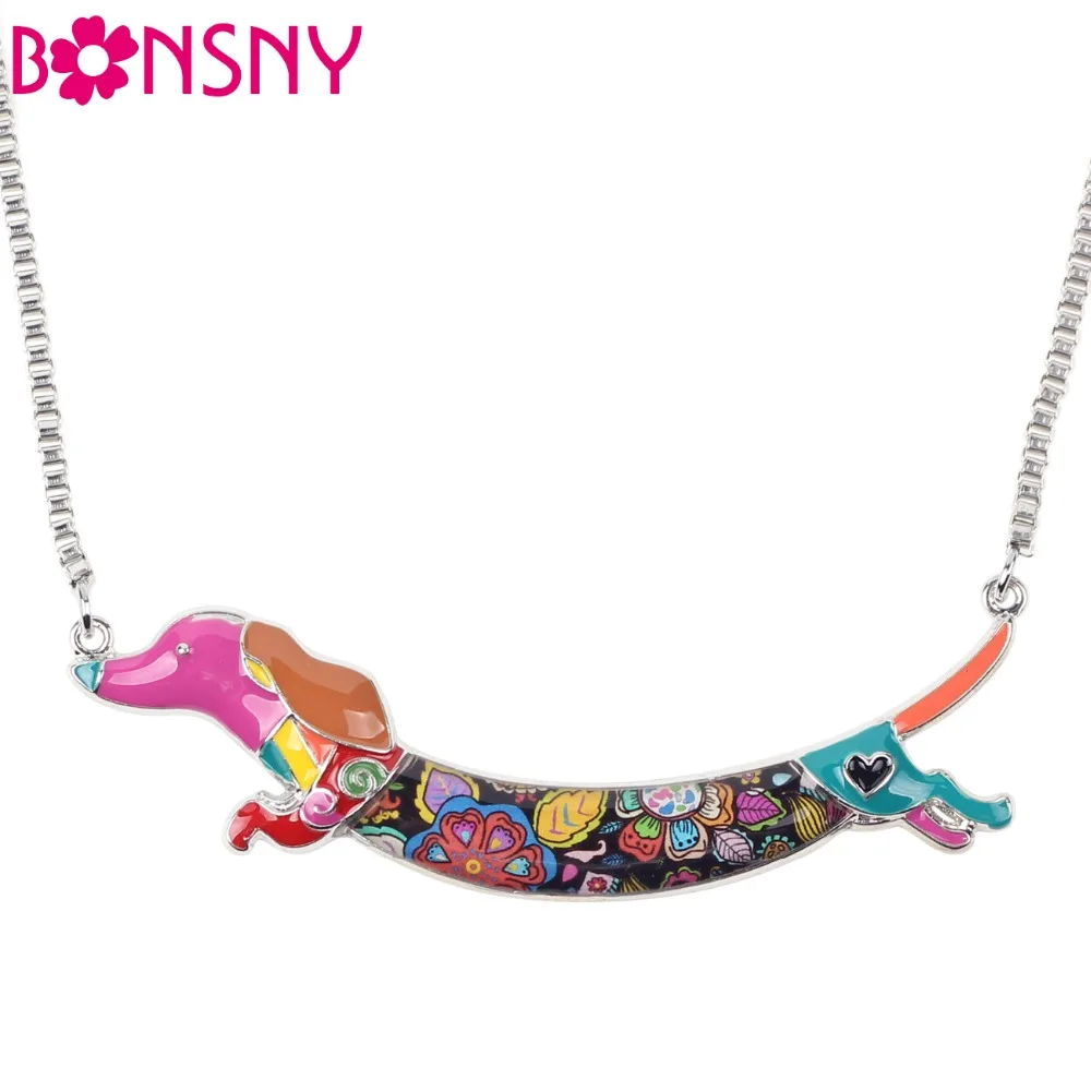

Bonsny Statement Enamel Alloy Dachshund Dog Necklace Pendant Chain Choker Unique Animal Jewelry For Women Girls Gift Party Charm
