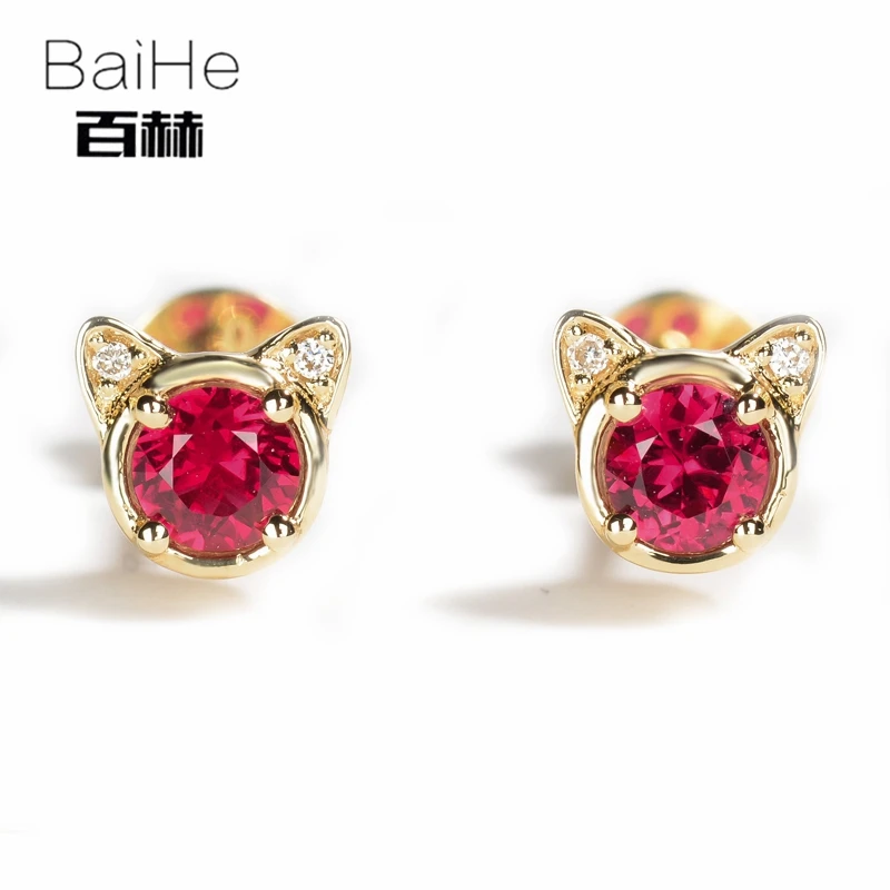 BAIHE Solid 14K Yellow Gold 0.40ct Round 100% Genuine Natural Ruby Engagement Trendy Fine Jewelry Elegant Unique Stud Earrings  