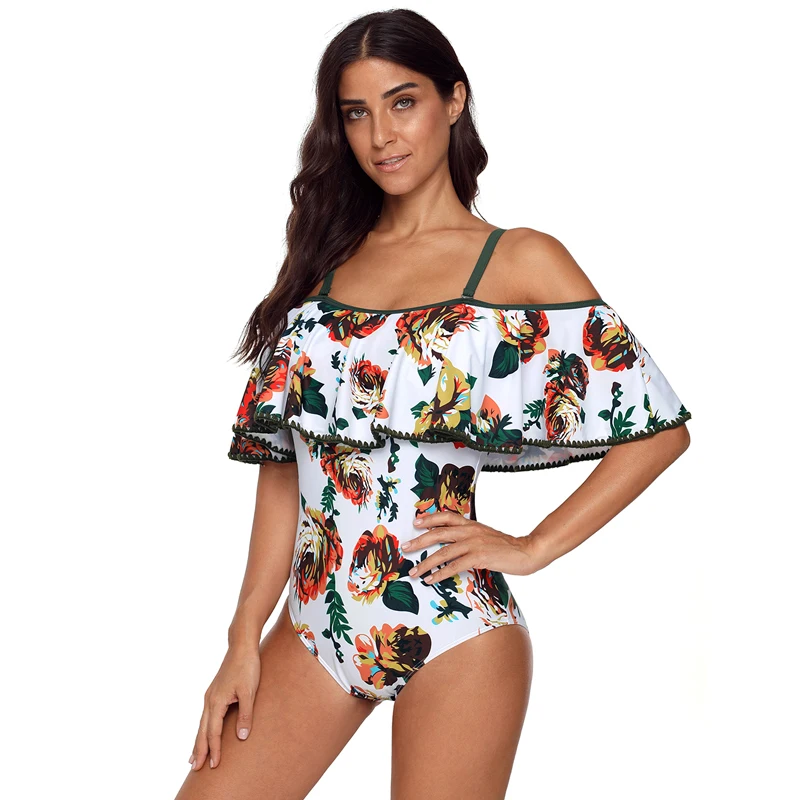 

2019 Woman Plus size Swimsuit One Piece White Floral Bathing Suit for Women Big Leaf Swimming Vintage Bather Female Swimwear