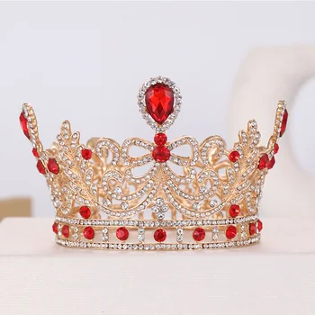

ACRDDK Baroque Red Gold Crystal Tiaras Crowns Rhinestone Round Full Circle Headpiece Hair Jewelry Wedding Hair Accessories SL
