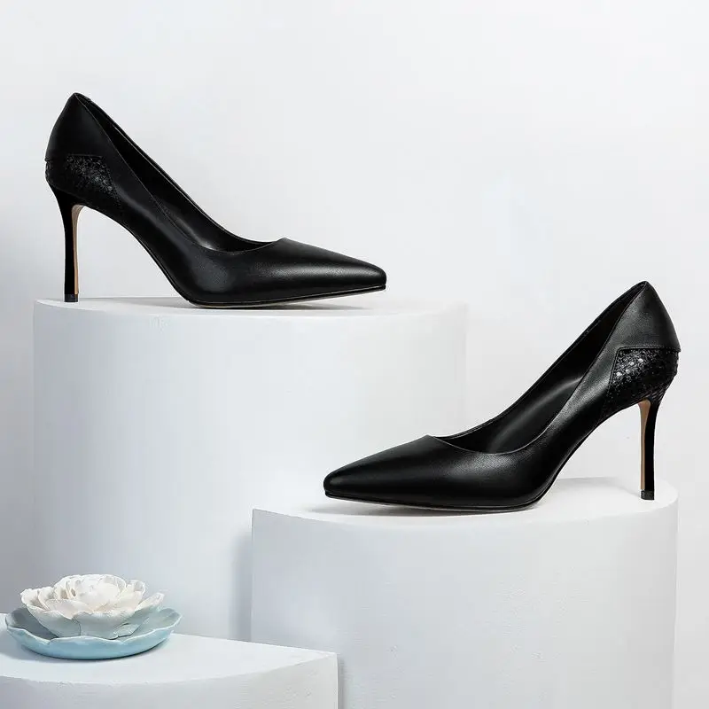 ALLBITEFO natural soft genuine leather super high heel shoes pointed toe casual fashion ladies shoes Spring Autumn women heels