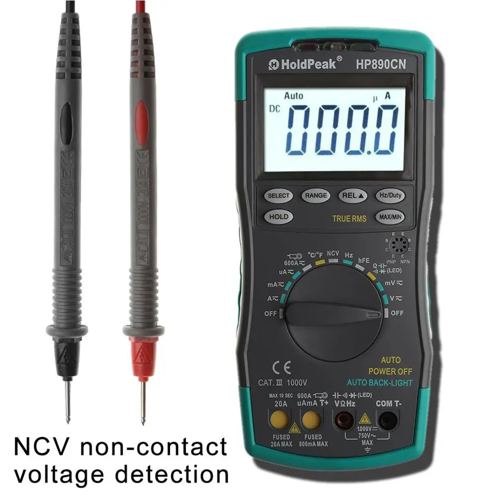 

HoldPeak HP-890CN LCD Digital Multimeter DC AC Voltage Current Meter with NCV Detector Temperature Meaurement Auto Range