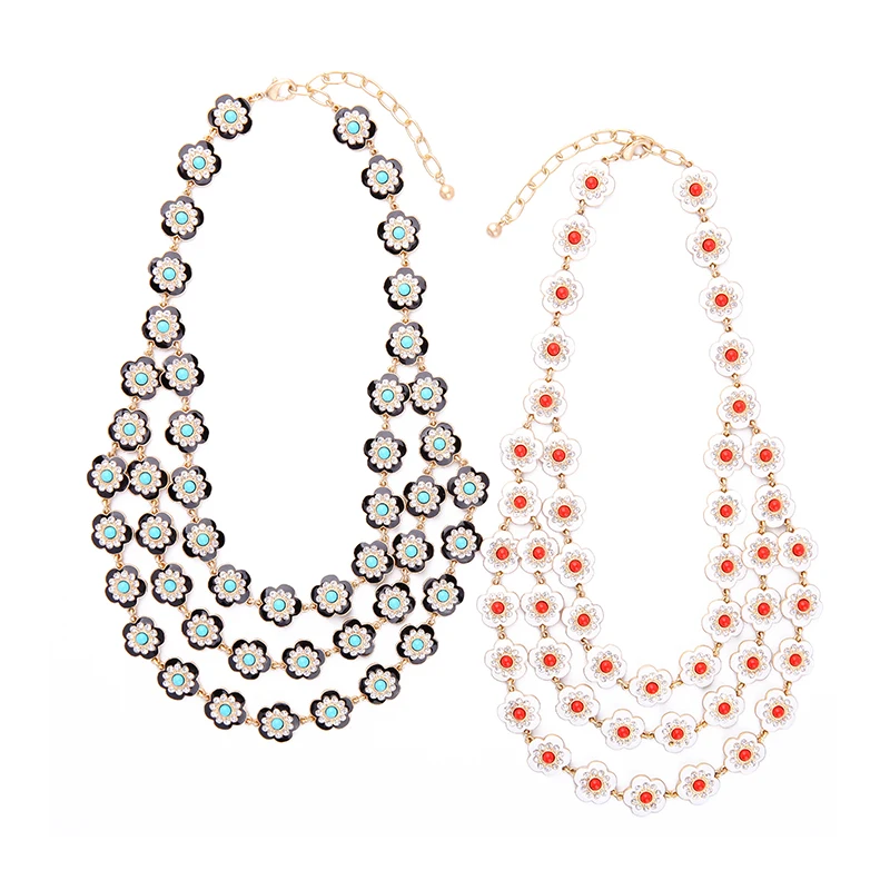 2017 Nova Red & Blue Acrílico Contas Esmalte Flores Colar Multi Layer Declaração Colar de Jóias Mulheres