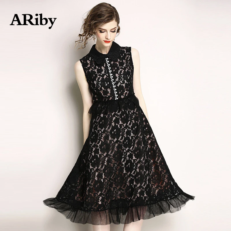 Women Dress Plus Size Summer Dress 2019 New Elegant Sleeveless Lace Black A-Line Print Mid-Calf Empire Turn-down Collar Dress