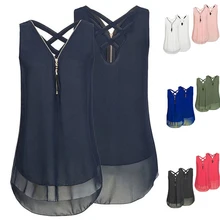 Summer Women Loose Sleeveless Tank Top Cross Back Hem Layed Zipper V-Neck Tops Summer Women Loose Sleeveless Tank Top Cross Back Hem Layed Zipper V-Neck Tops