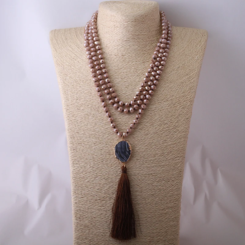 

Fashion Bohemian Jewelry long Knotted Halsband Brown Crystal Druzy Link Long Tassel Pendant Necklace Free Shipping
