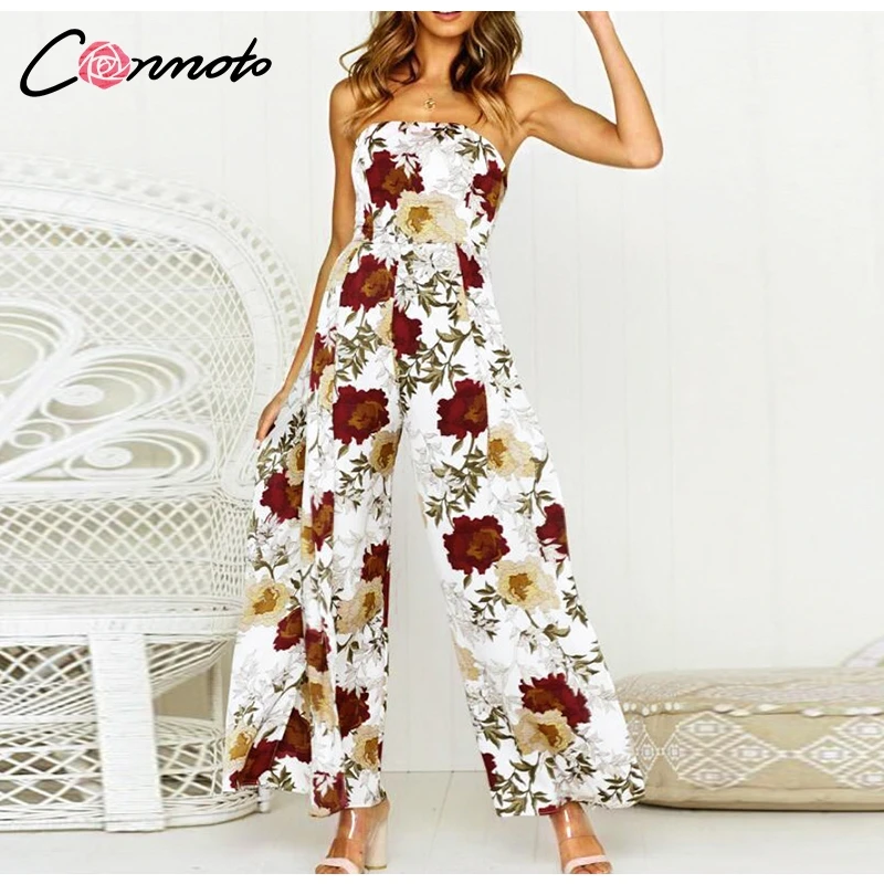 Conmoto, без бретелек, Feminino,, Летний комбинезон, Цветочный, Boho, пляжный комбинезон, широкие, длинные, с открытой спиной, комбинезоны, комбинезоны