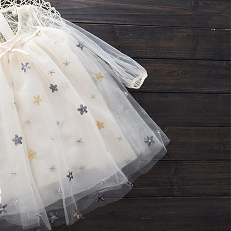 DFXD England Style Baby Lace Princess Dress Long Sleeve Star Print Little Girls Birthday Party Dress Kids Costume Vestido 2-8Y